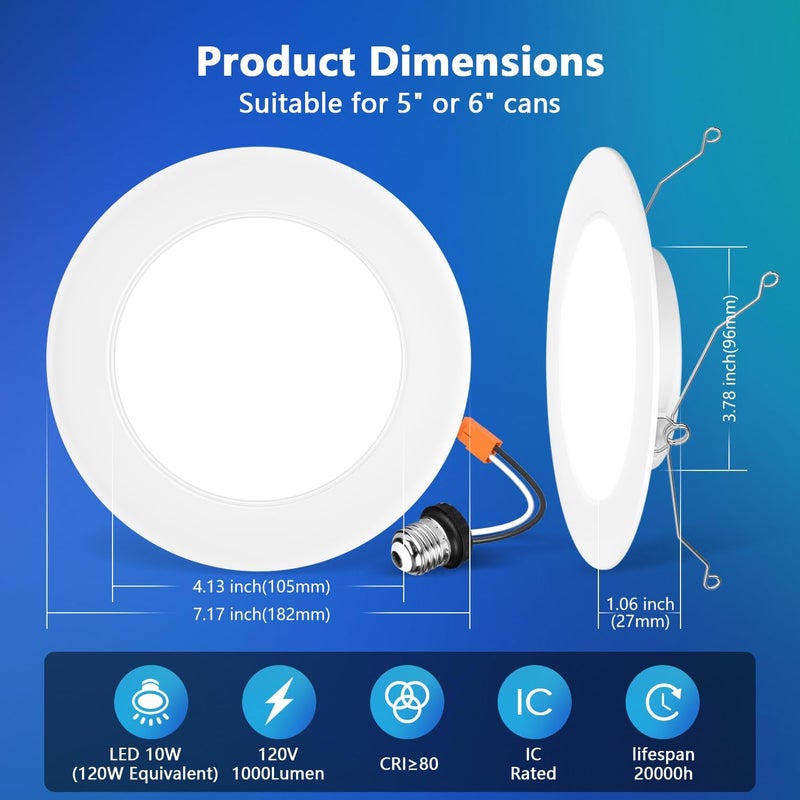 LVWIT 6 inch LED Recessed Lighting, Slim Can Lights with White Cover, 5CCT Color Selectable, Dimmable Downlight with E26 Conversion Kit, 18 Pack - Image 2